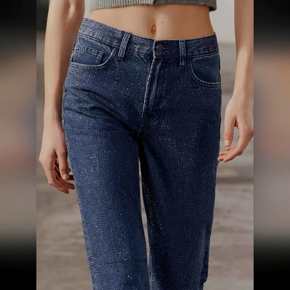 RHINESTONES HIGH RISE BOOTCUT JEANS 💙💙💙 ZARA ZW COLLECTION - Picture 7 of 11